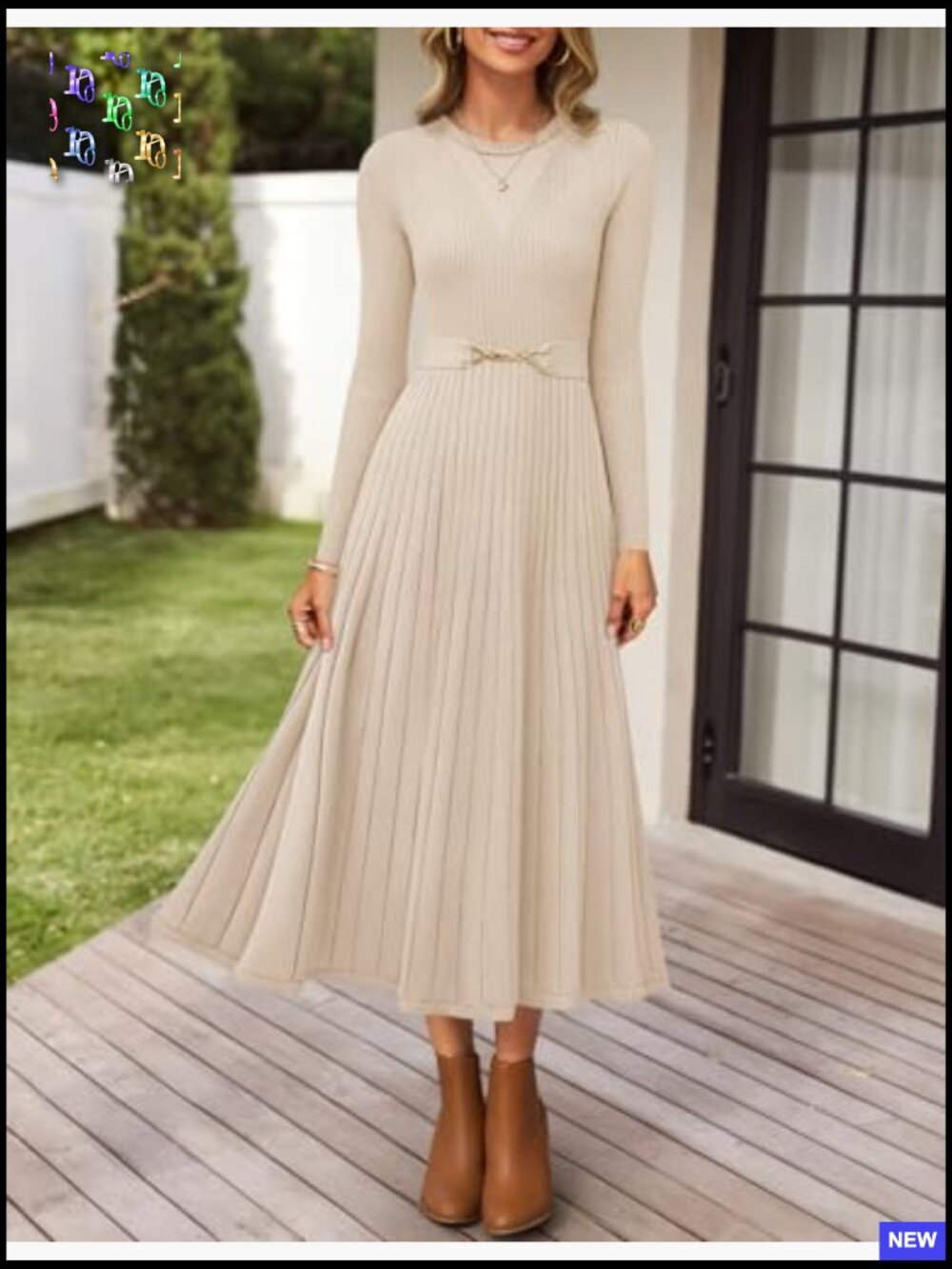 Long Sleeve Midi Sweater Dress Pleated A-Line Flowy Knit Dress with Belt - Picture 2 of 7